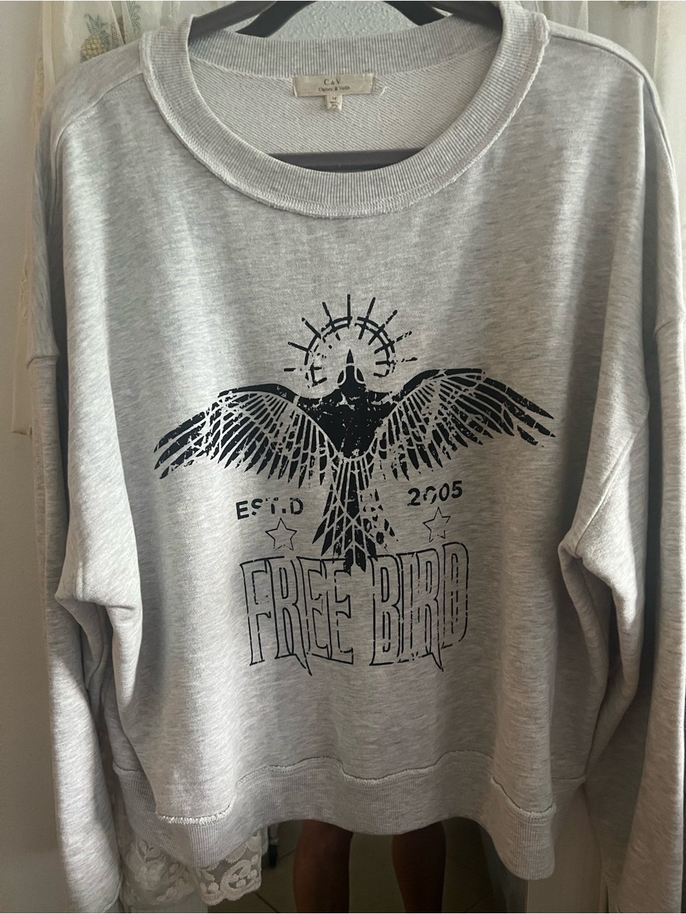 Chelsea & Violet Light Gray Crewneck Sweatshirt with Black Bird Graphic